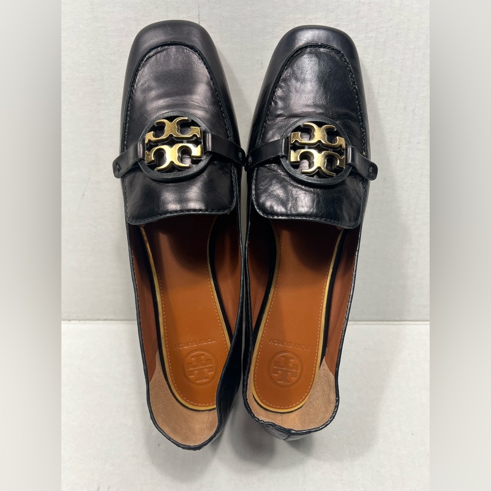Tory Burch Metal Miller Logo Leather Loafers Flats In Black Size: 7.5